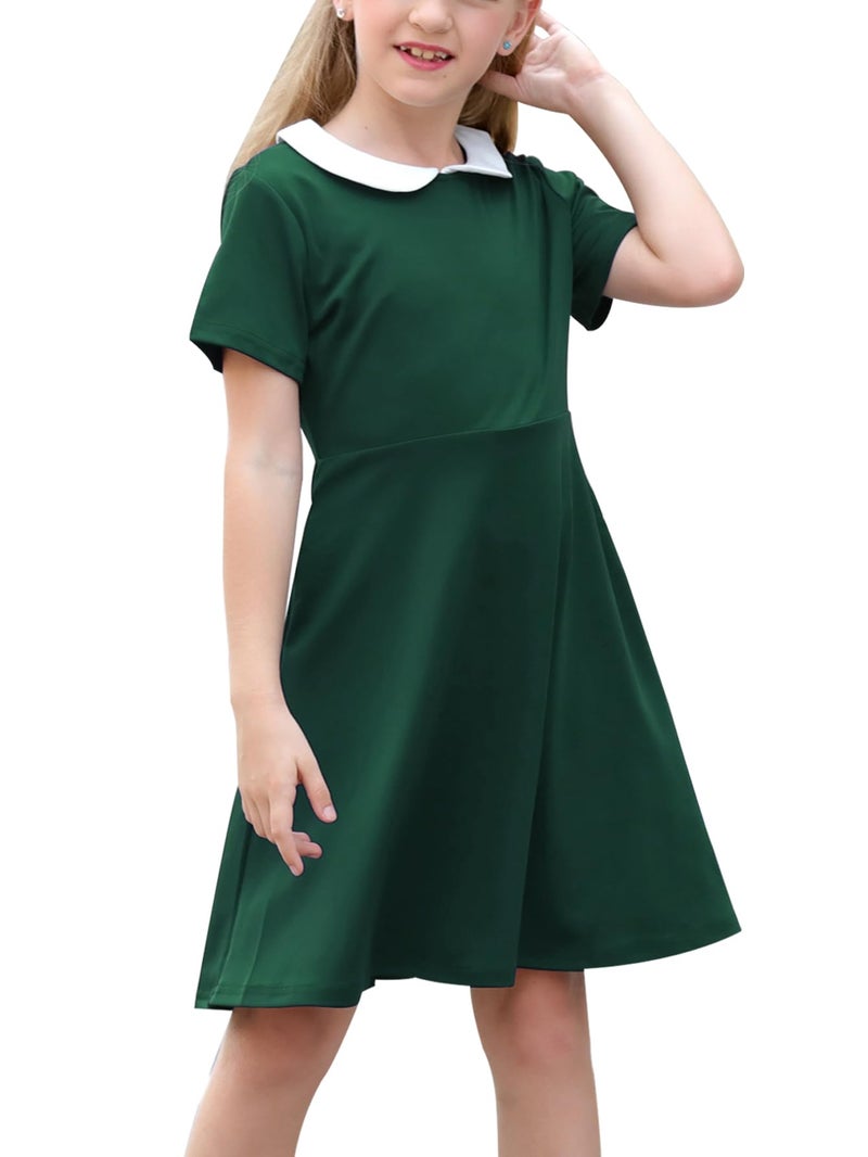 GORLYA Girl's Short Sleeve Casual Vintage Peter Pan Collar Fit and Flare Skater Party Dress with Pockets (GOR1006, 9-10Y, Green) - Image 1